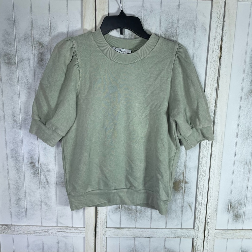 En Saison short puffy sleeve sweatshirt top sage green L free people vibe cotton